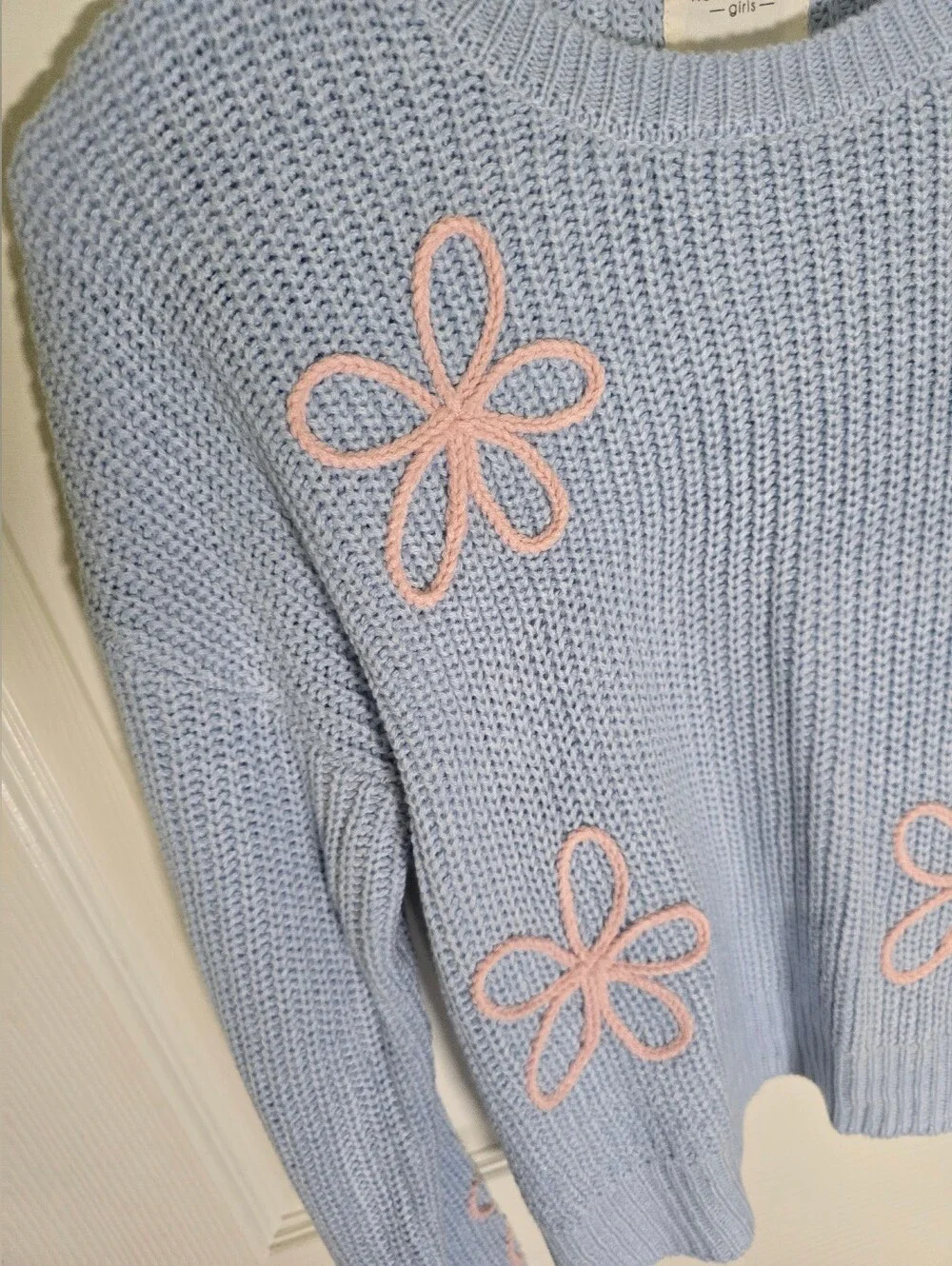 No Comment Girls Blue with Pink Flowers Knit Pullover Sweater XL